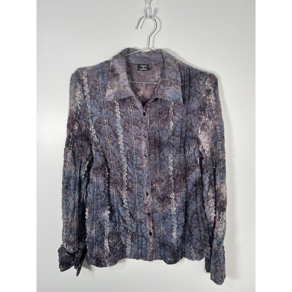 Vintage Tribal Purple Floral Lace Ruffle Button Up‎ Blouse Glitter Fairycore XL
